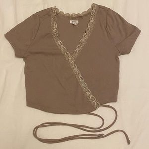 Brown cropped tie up shirt